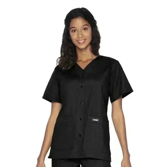Landau Women's Black Poly/Cotton Snap Front V-Neck Short Sleeve Relaxed Fit 4 Po - Picture 1 of 13